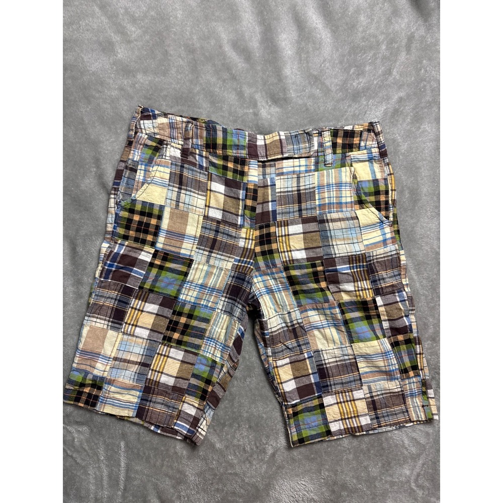 Larry Levine Patchwork Madras Shorts Mens 34 Multi Color Excellent Plaid Cotton